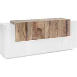 Credenza Astice, Madia da cucina a 7 ante, Buffet da soggiorno, Madia da cucina, 100% Made in Italy, cm 200x45h86, Bianco lucido e Acero - Dmora