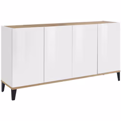 CREDENZA - Madia da cucina a 4 ante, Buffet da soggiorno, 100% Made in Italy, cm 160x40h82, Bianco lucido e Acero. STRUTTURA  ...