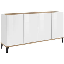 Credenza Ashley, Madia da cucina a 4 ante, Buffet da soggiorno, 100% Made in Italy, cm 160x40h82, Bianco lucido e Acero - Dmora