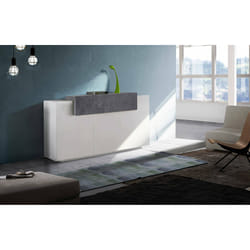 Credenza moderna a 4 ante con Aschly, Made in Italy, Madia da cucina, Buffet di design da soggiorno, cm 160x45h86, colore Bianco lucido e Grigio Cenere