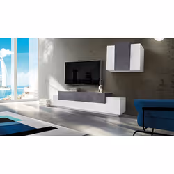 Parete attrezzata da soggiorno Alaskino, Made in Italy, Base porta TV e pensile sospeso, cm 280x45h180, colore Bianco lucido  ...