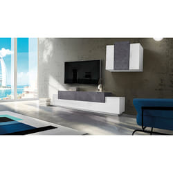 Parete attrezzata da soggiorno Alaskino, Made in Italy, Base porta TV e pensile sospeso, cm 280x45h180, colore Bianco lucido e Grigio Cenere