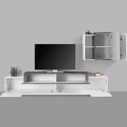 Parete attrezzata da soggiorno Alaskino, Made in Italy, Base porta TV e pensile sospeso, cm 280x45h180, colore Bianco lucido e Grigio Cenere - Vista aggiuntiva 4
