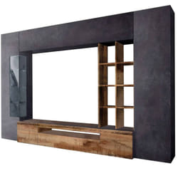 Parete attrezzata Andy, Set salotto porta tv, Mobile soggiorno multiuso con luce led, 100% Made in Italy, cm 290x40h192, Ardesia e Acero - Dmora