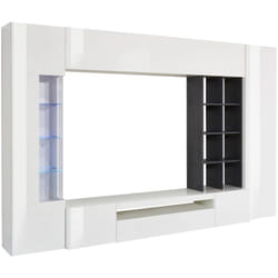Dmora - Parete attrezzata Andy, Set salotto porta TV, Mobile soggiorno multiuso con luce LED, 100% Made in Italy, cm 290x40h192, Bianco lucido e