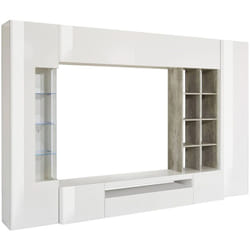 Parete attrezzata Andy, Set salotto porta tv, Mobile soggiorno multiuso con luce led, 100% Made in Italy, cm 290x40h192, Bianco lucido e Cemento