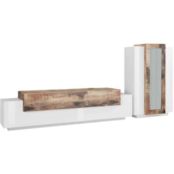 Parete attrezzata Anisia, Set salotto porta tv, Mobile soggiorno multiuso, 100% Made in Italy, cm 280x45h121, Bianco lucido e Acero - Dmora