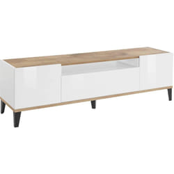 Dmora - Mobile porta tv Argentoro, Credenza bassa da soggiorno a 2 ante, Base porta televisione, 100% Made in Italy, cm 160x40h47, Bianco lucido e