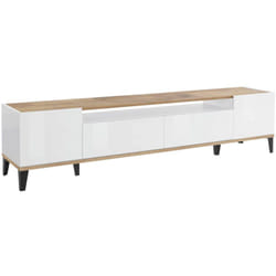 Dmora - Mobile porta tv Abina, Credenza bassa da soggiorno a 2 ante, Base porta televisione, 100% Made in Italy, cm 200x40h47, Bianco lucido e Acero