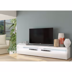 Mobile da soggiorno Porta Akon, Made in Italy, Credenza per Akon a 1 anta a ribalta e ripiani, cm 200x45h36, Bianco lucido, c ...