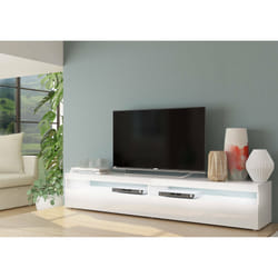 Mobile da soggiorno Porta Akon, Made in Italy, Credenza per Akon a 1 anta a ribalta e ripiani, cm 200x45h36, Bianco lucido, con luce LED bianca