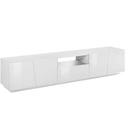 Mobile porta tv Azzurras, Credenza bassa da soggiorno, Base porta televisione, 100% Made in Italy, cm 220x43h46, Bianco lucido, con luce led - Dmora