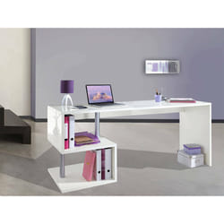 Scrivania moderna ad Esse per ufficio e studio con Poseidone, Made in Italy, Tavolo da computer, Scrittoio porta PC, cm 180x60h78, Bianco lucido
