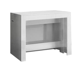 Consolle allungabile Anello, Consolle allungabile fino a 12 posti, Tavolo con portallunghe, 100% Made in Italy, cm 51/300x90h77, Bianco lucido Larice