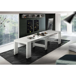 Tavolo da pranzo Anello, Made in Italy, Consolle allungabile fino a 12 posti, con portallunghe, cm 51/300x90h77 Bianco lucido