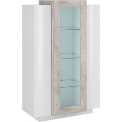 Vetrina Ablaze, Credenza con tre ante, Mobile da soggiorno multiuso, 100% Made in Italy, cm 80x38h121, Bianco lucido e Cemento - Dmora