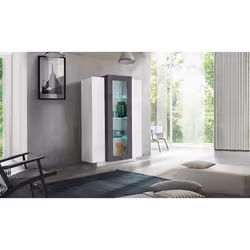 Vetrina moderna con anta a Ablaze, Made in Italy, Mobile vetrinetta da soggiorno, cm 80x38h121, Bianco lucido e Grigio Cenere ...
