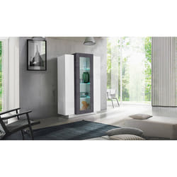 Vetrina moderna con anta a Ablaze, Made in Italy, Mobile vetrinetta da soggiorno, cm 80x38h121, Bianco lucido e Grigio Cenere, con luce LED bianca