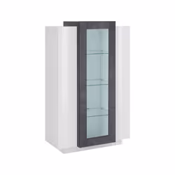 Vetrina moderna con anta a Ablaze, Made in Italy, Mobile vetrinetta da soggiorno, cm 80x38h121, Bianco lucido e Grigio Cenere, con luce LED bianca