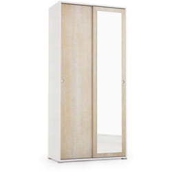 Guardaroba Abduhl, Armadio a 2 ante scorrevoli e specchio, Mobile con barra appendiabiti e ripiani, 100% Made in Italy, 90x45h195 cm, Rovere e Bianco