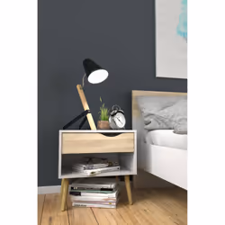 Comodino a un cassetto e un vano Lucina, colore bianco e rovere, Misure 50 x 49 x 39 cm