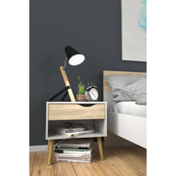 Comodino a un cassetto e un vano Lucina, colore bianco e rovere, Misure 50 x 49 x 39 cm