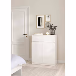 Credenza con ante e un Genziana, colore bianco lucido, cm 80 x 100 x 41