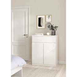 Credenza con ante e un Genziana, colore bianco lucido, cm 80 x 100 x 41