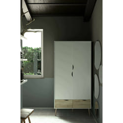 Guardaroba a due ante e due Archilllo, colore bianco e rovere, cm 98 x 200 x 58