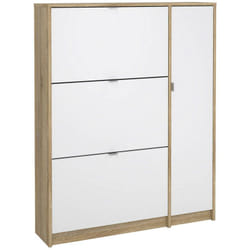 Scarpiera Abastract, Mobile portascarpe, Armadio da ingresso multiuso, Mobiletto per calzature, 99x24 h124 cm, Quercia e Bianco lucido - Dmora