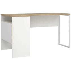 Scrivania Moire, Scrittoio multiuso, Tavolo per ufficio porta pc, Piano di lavoro, 145x81 h77 cm, Bianco e Quercia - Dmora