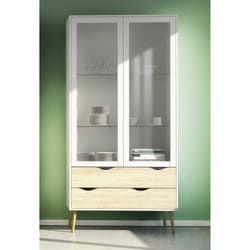 Vetrinetta con due ante battenti a vetro e quattro Amedeo, colore bianco e rovere, Misure 98 x 200 x 39 cm