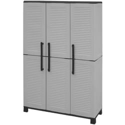 Armadio da esterno Aruro, Mobile porta scope, Armadietto da esterno 3 ante, 100% Made in Italy, 102x37h169 cm, Grigio chiaro e Nero, Finitura righe