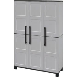 Armadio da esterno Aruro, Mobile porta scope, Armadietto da esterno 3 ante, 100% Made in Italy, 102x37h169 cm, Grigio chiaro e Nero, Finitura quadri