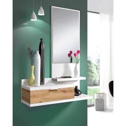 Mobile da ingresso Adina, Entratina con specchio, Mobile per atrio con cassetto, Svuotatasche per piccoli appartamenti, cm 81x29h116, Bianco e Rovere nodi