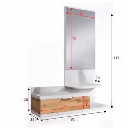 Mobile da ingresso Adina, Entratina con specchio, Mobile per atrio con cassetto, Svuotatasche per piccoli appartamenti, cm 81x29h116, Bianco e Rovere nodi
