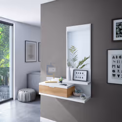 Mobile da ingresso Adina, Entratina con specchio, Mobile per atrio con cassetto, Svuotatasche per piccoli appartamenti, cm 81x29h116, Bianco e Rovere nodi - Vista aggiuntiva 4