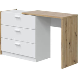 Dmora - Scrivania Armando, Scrittoio con cassettiera e piano a scomparsa, Tavolo da studio o ufficio porta pc, 75x40h130 cm, Bianco e Rovere nodi