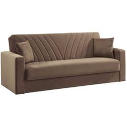 Divano letto 3 posti Adda, Divano contenitore lineare con 2 cuscini, Sofà da soggiorno in tessuto con apertura click-clack, 214x81xh89 cm, Beige