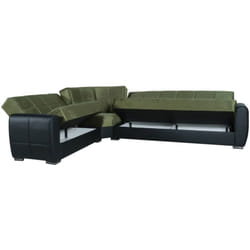 Divano letto con penisola Gaillardia, Divano contenitore ad angolo in ecopelle e tessuto, Sofà con apertura click-clack, 305x238h91 cm, Nero e Verde