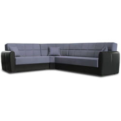 Divano letto con penisola Gaillardia, Divano contenitore ad angolo in ecopelle e tessuto, Sofà con apertura click-clack, 305x238h91 cm, Nero e Grigio