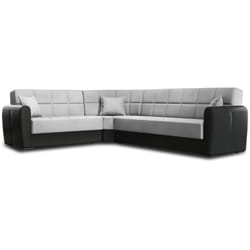 Divano letto con penisola Gaillardia, Divano contenitore in ecopelle e tessuto, Sofà con apertura click-clack, 305x238h91 cm, Nero e Grigio Chiaro