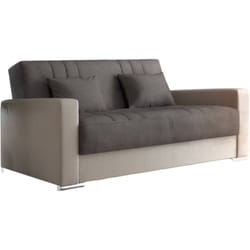Dmora - Divano letto 3 posti Arix, Divano contenitore in ecopelle e tessuto, Sofà con apertura click-clack e 2 cuscini, 230x96h101 cm, Beige e Grigio