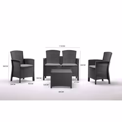 Salottino da esterno Asiak, Set da giardino con cuscini, Salottino effetto rattan, 100% Made in Italy, Antracite