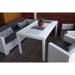 Tavolo da esterno Adila, Tavolo rettangolare da giardino, Tavolo da giardino multiuso effetto rattan, 100% Made in Italy, Cm 150x90h74, Bianco