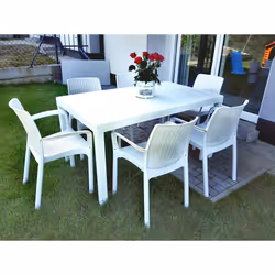 Tavolo da esterno Adila, Tavolo rettangolare da giardino, Tavolo da giardino multiuso effetto rattan, 100% Made in Italy, Cm 150x90h74, Bianco - Vista aggiuntiva 4