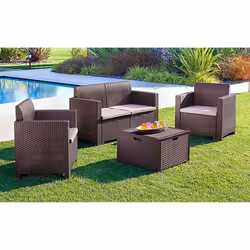 Salottino da esterno Gazania, Set da giardino con cuscini, Salottino effetto rattan, 100% Made in Italy, Marrone