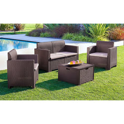 Salottino da esterno Gazania, Set da giardino con cuscini, Salottino effetto rattan, 100% Made in Italy, Marrone