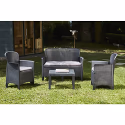 SET SALOTTO DA ESTERNO OSTUNI - Set da giardino con 2 poltrone, 1 divano ed 1 tavolino, Salottino effetto rattan con cuscini, ...