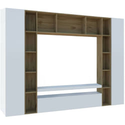 Dmora - Parete attrezzata Austis, Set salotto porta tv a 3 ante, Mobile soggiorno multiuso, 100% Made in Italy, cm 270x35h210, Bianco lucido e Rovere